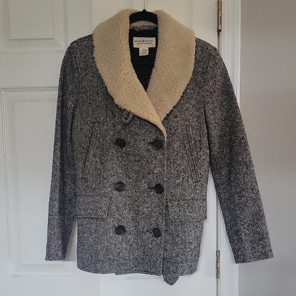 Ralph Lauren Denim & Supply Charcoal Pea Coat with Shearling Collar